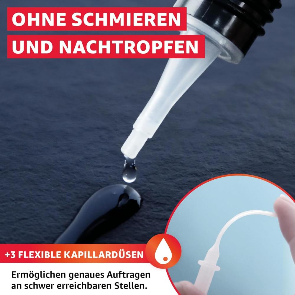 Ohne schmieren und nachtropfen. Die drei flexiblen Kapillardüsen ermöglichen genaues Auftragen an schwer erreichbaren Stellen.